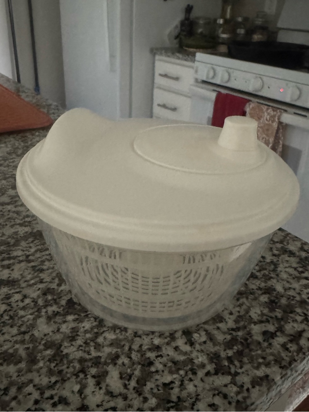 Plastic Salad Spinner with Cream Lid and Clear Bowl